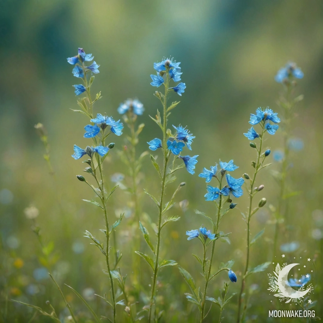 Нежная сцена с полевыми цветами в зелено-голубых тонах, украшенными блестками.