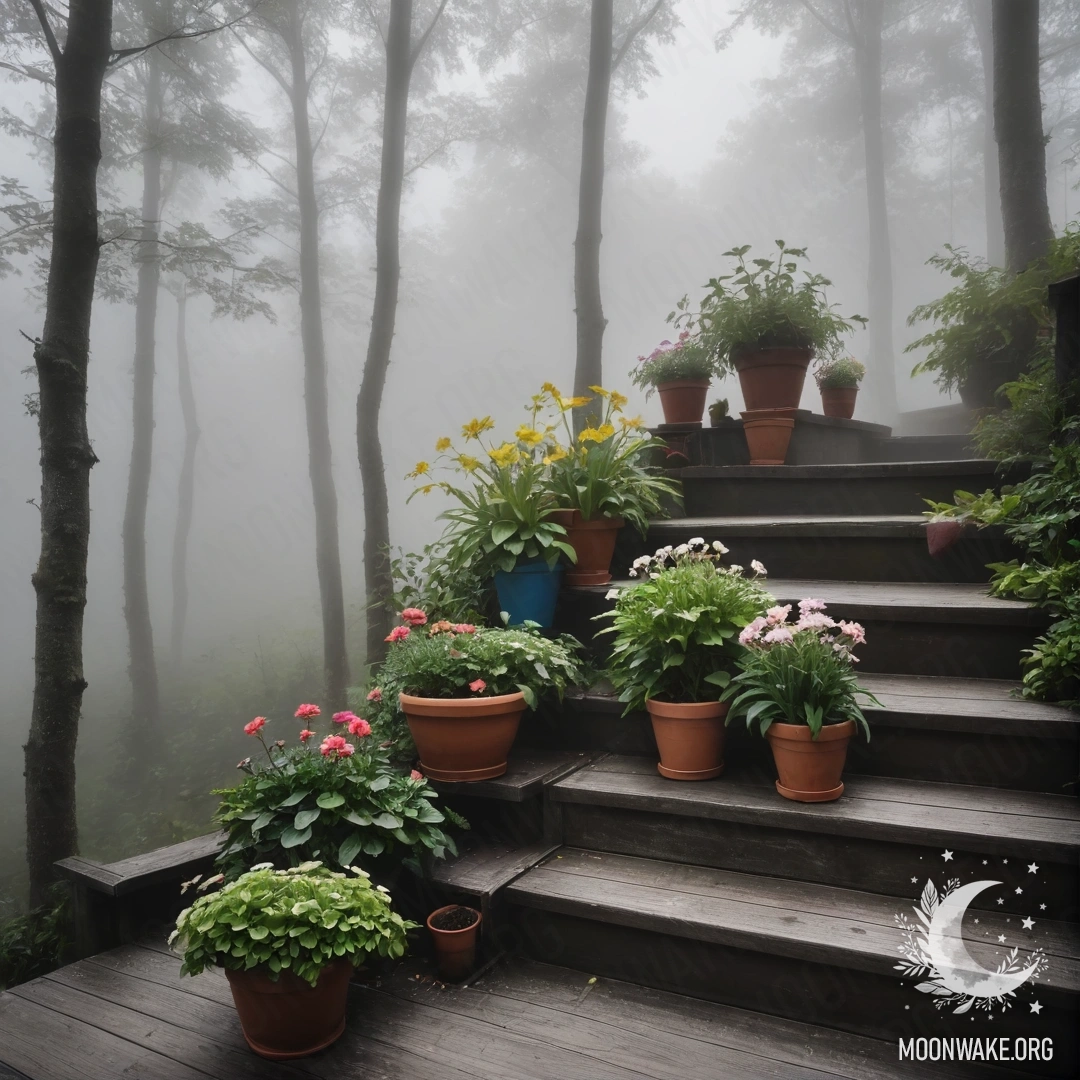 Деревянная лестница, частично скрытая густым туманом, украшенная цветочными горшками.