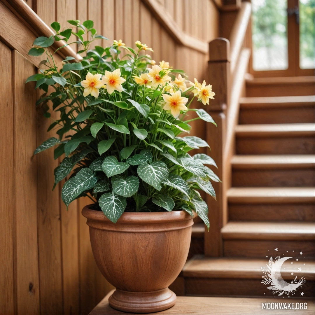 Спокойная деревянная лестница, украшенная цветочными горшками и линзами.