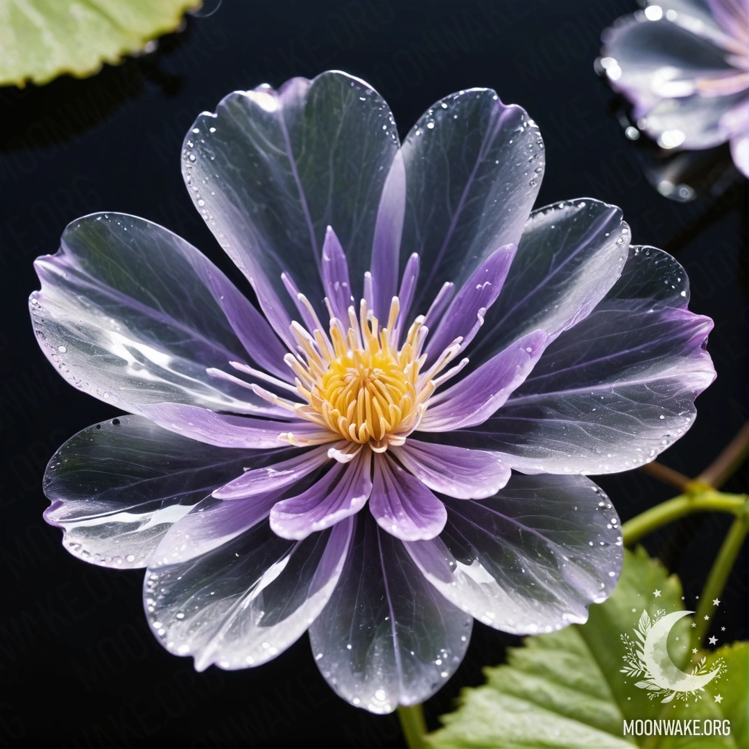 Фантастический цветок, созданный полностью из прозрачной воды, включая лепестки, стебель и листья.