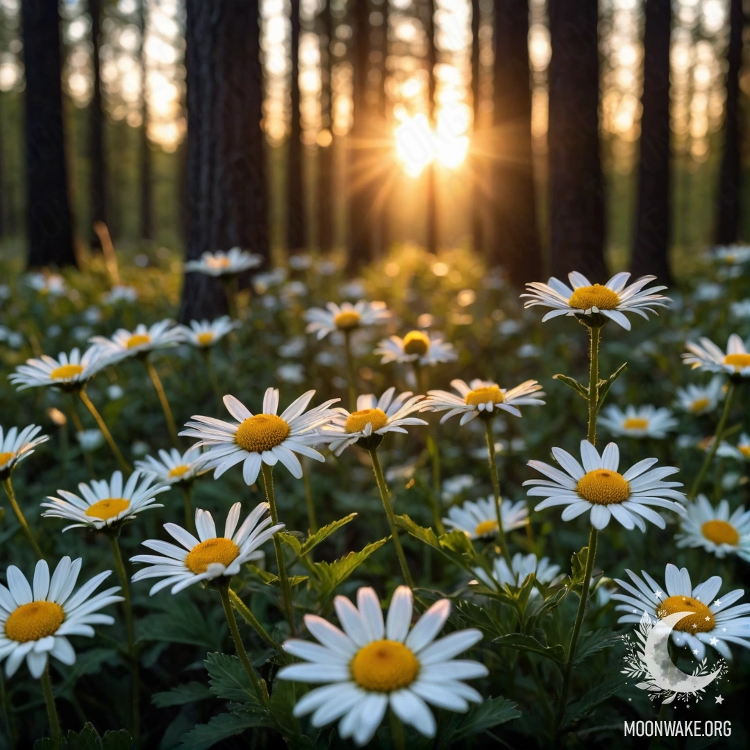 Крупный план ромашек, мягко светящихся в темном лесу на закате.