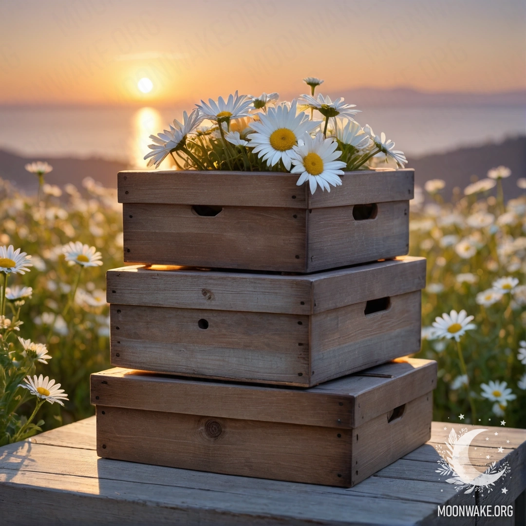 Две потёртые деревянные коробки, сложенные друг на друга, с ромашками сверху на фоне заката.