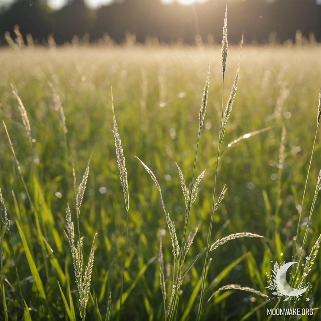 Крупный план зелёной травы с размытыми цветными цветами на заднем плане.