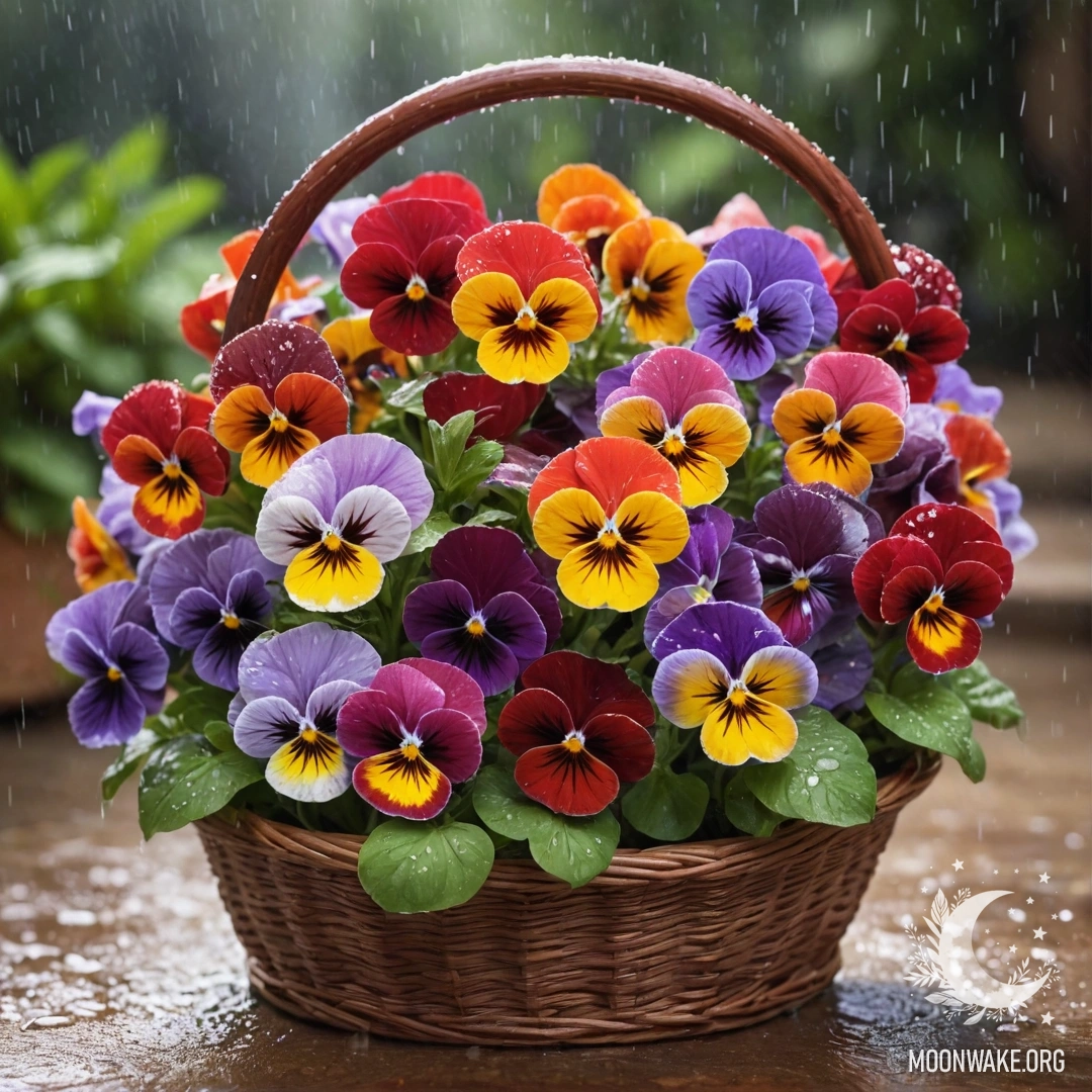 Корзина, наполненная яркими красными фиалками, на них идет дождь.