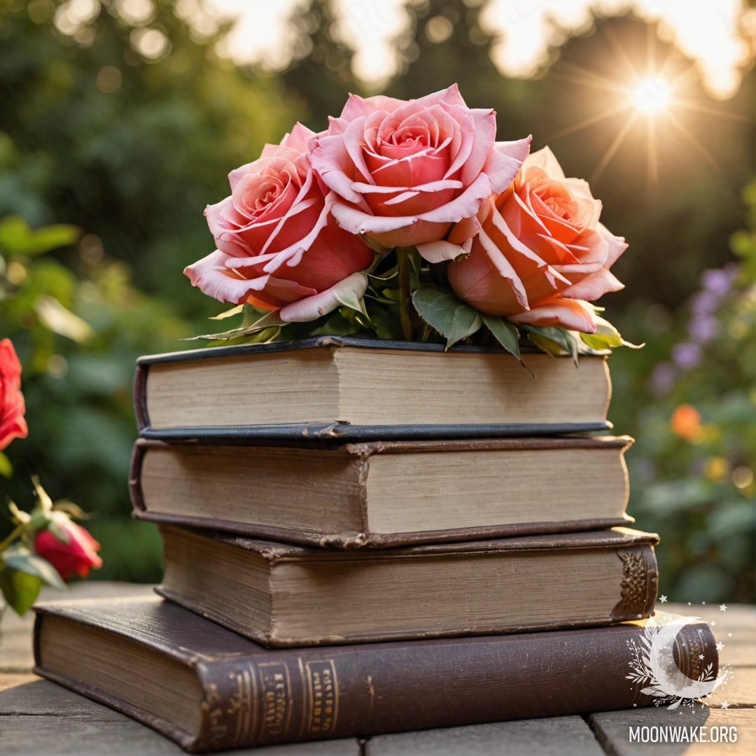 Спокойная стопка винтажных книг с букетом роз сверху в саду на закате.