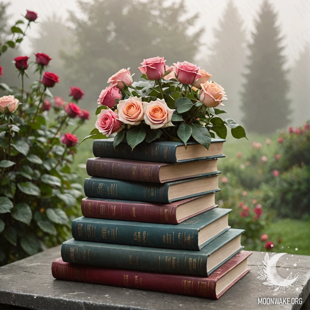 Стопка винтажных книг в саду, увенчанная букетом роз, окруженная густым туманом.