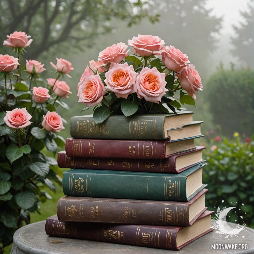Стопка винтажных книг в саду, окруженная густым туманом, с букетом роз сверху.