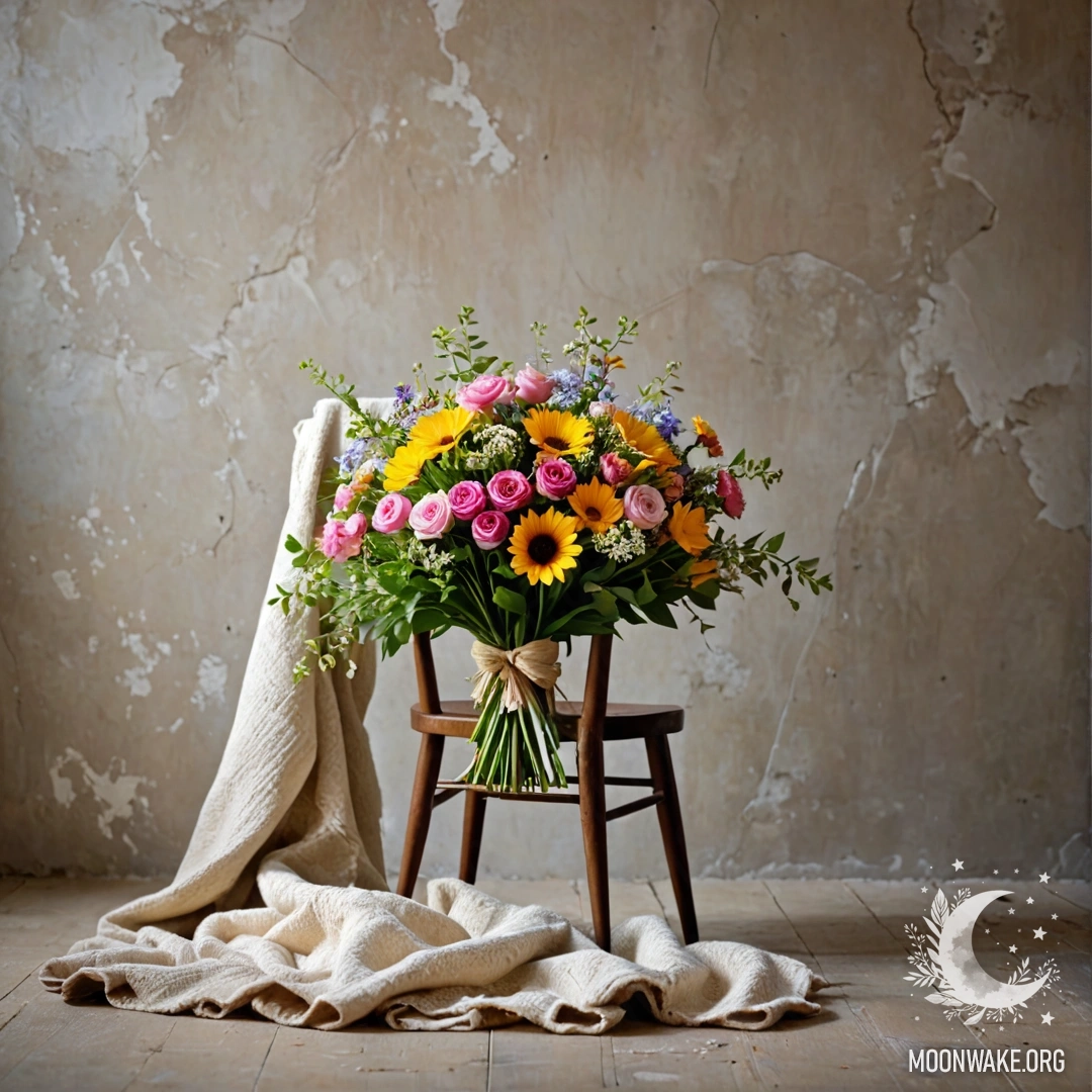 Стопка старинных книг с букетом роз поверх них в туманном саду.