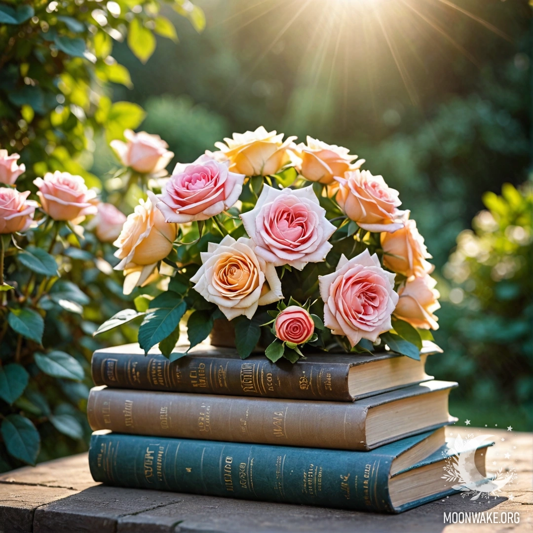 Стопка винтажных книг в саду, увенчанная букетом роз под солнечными лучами.