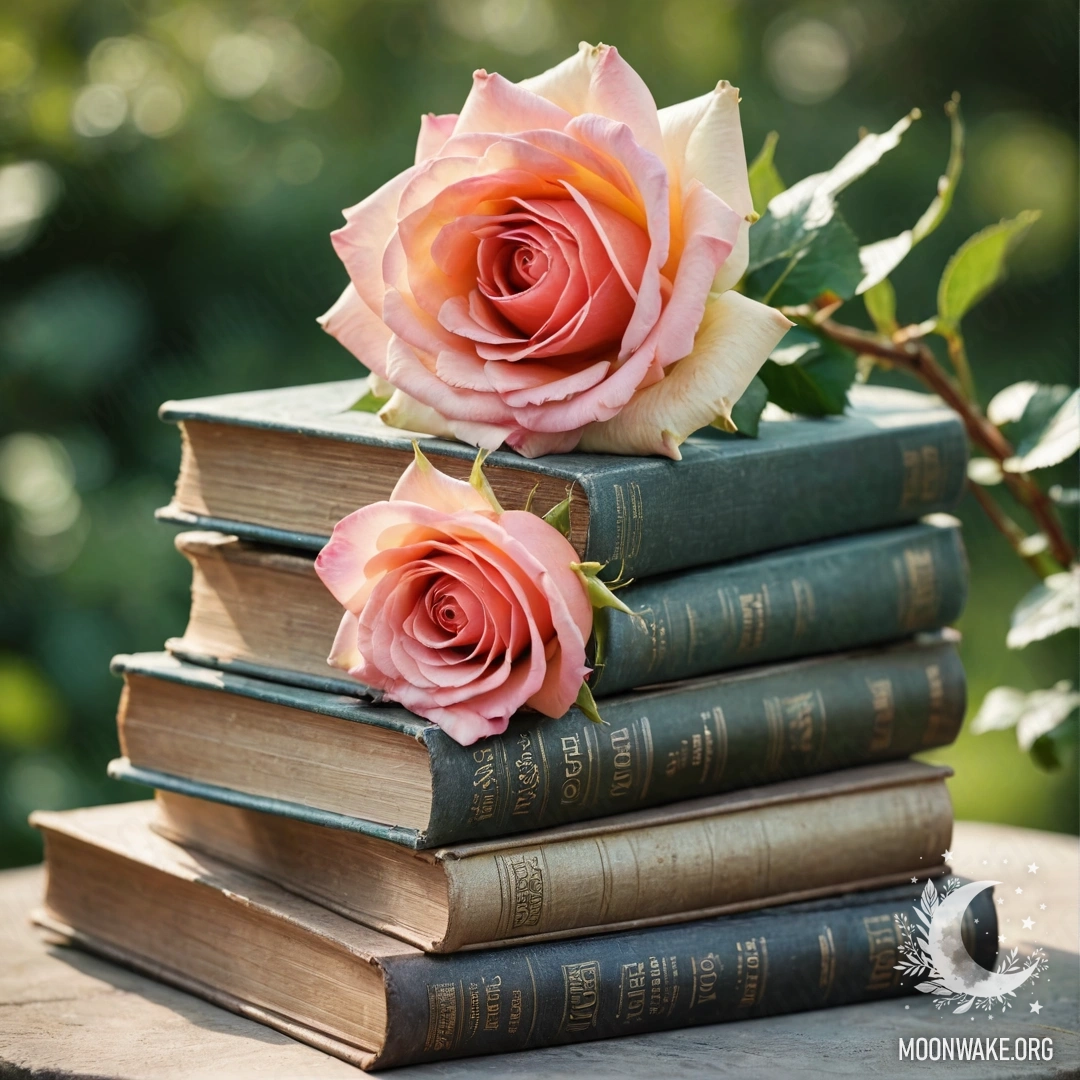 Стопка старинных книг, окружённых зеленью сада, увенчанная букетом роз.