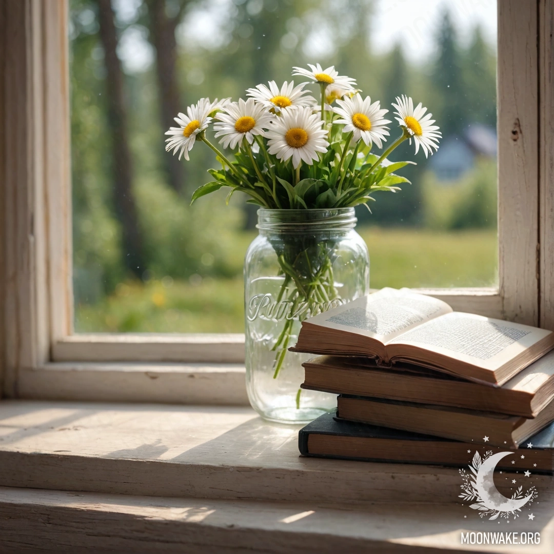 В саду лежит стопка старинных книг с букетом роз сверху, украшенным гирляндой огоньков.