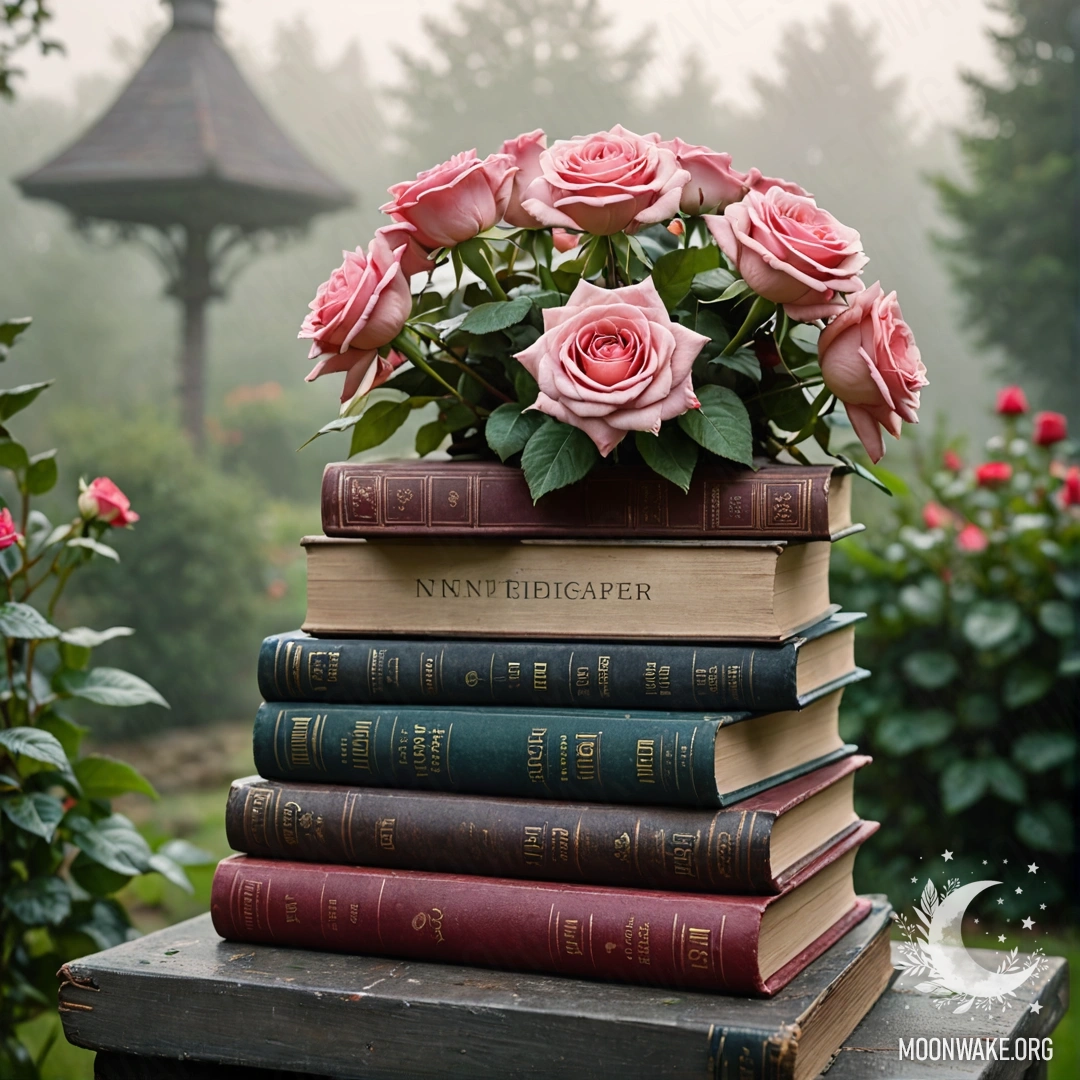 Старинные книги с букетом роз сверху, окруженные густым туманом в саду.