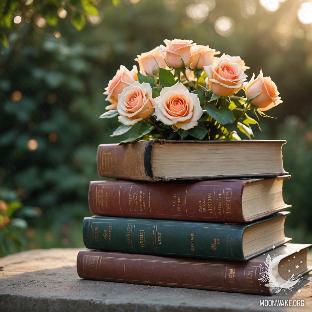 Стопка винтажных книг с букетом роз в саду.