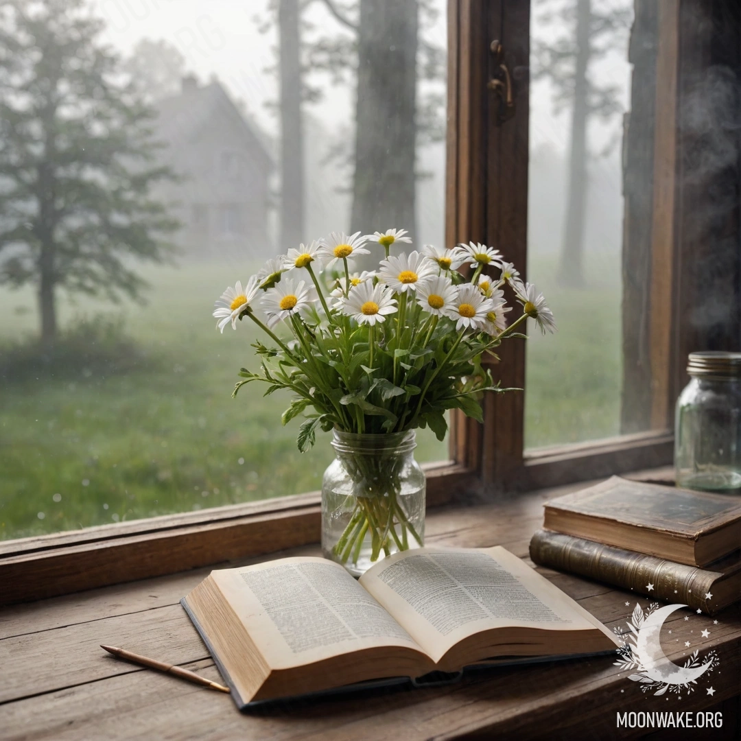 Стопка винтажных книг в густом тумане, на которой лежит букет роз.