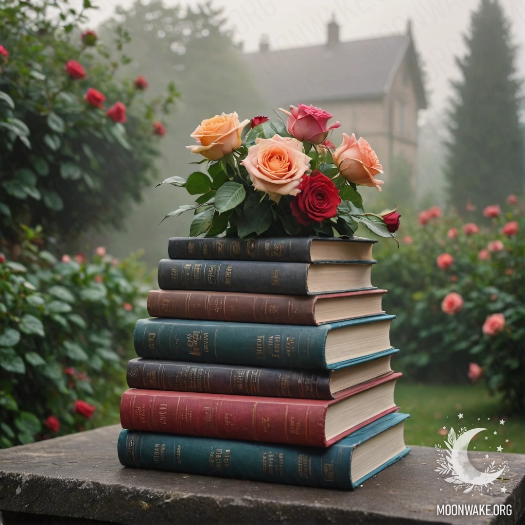 Стопка старинных книг лежит на земле в саду, увенчанная букетом роз, окруженная густым туманом.