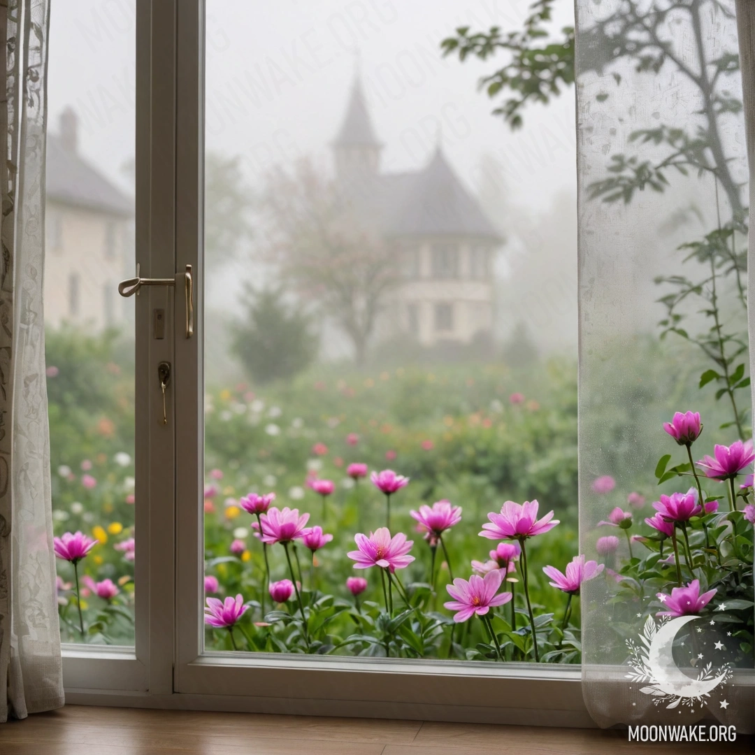 Стопка винтажных книг с букетом роз сверху в саду, окутанном туманом.