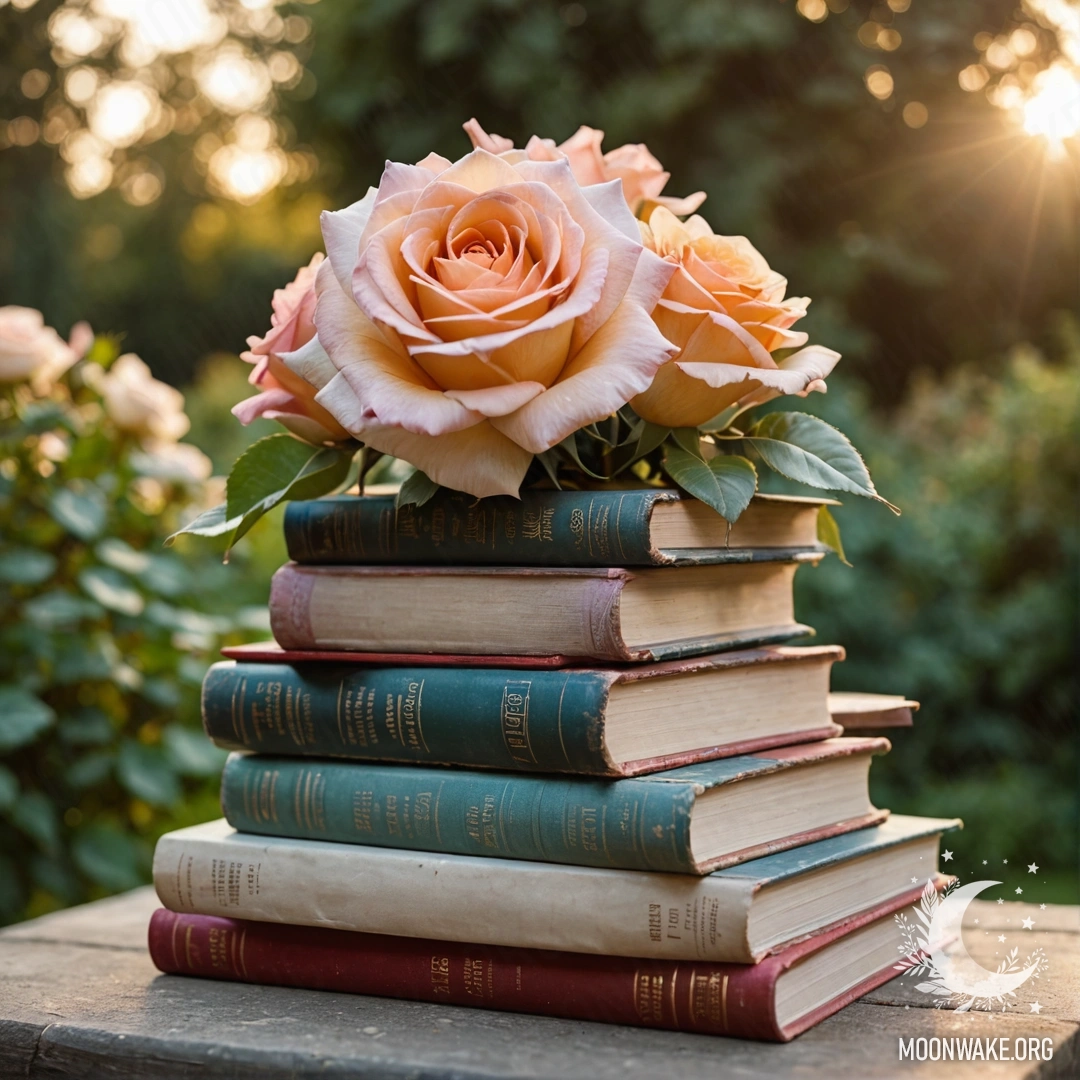Стопка винтажных книг с букетом роз сверху, уединённо расположенная в саду на закате.