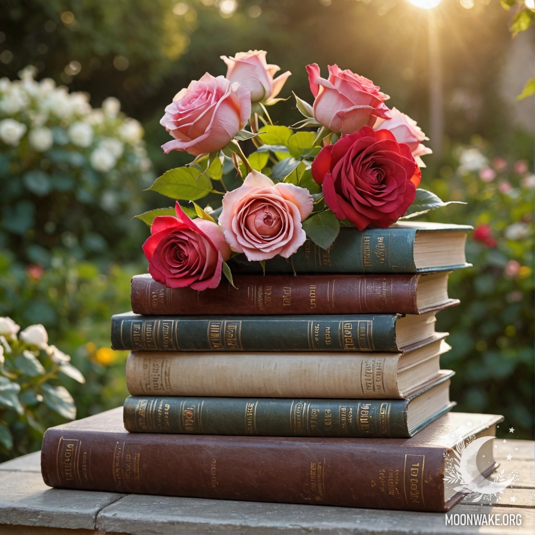 Стопка старинных книг с букетом роз сверху, на фоне сада в закатное время.