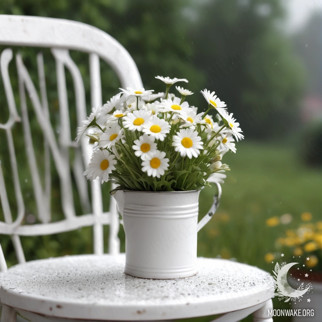 Крупный план старинного винтажного кресла с белым текстилем, чашкой кофе и молочным ведром с ромашками, все это под дождем.
