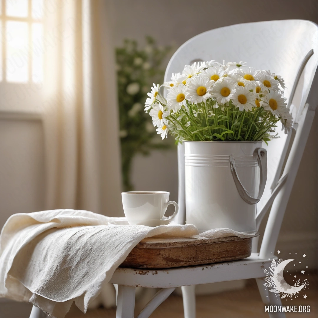 Крупный план винтажного стула с белой тканью, чашкой кофе и молочным ведром с ромашками на фоне солнечных лучей.