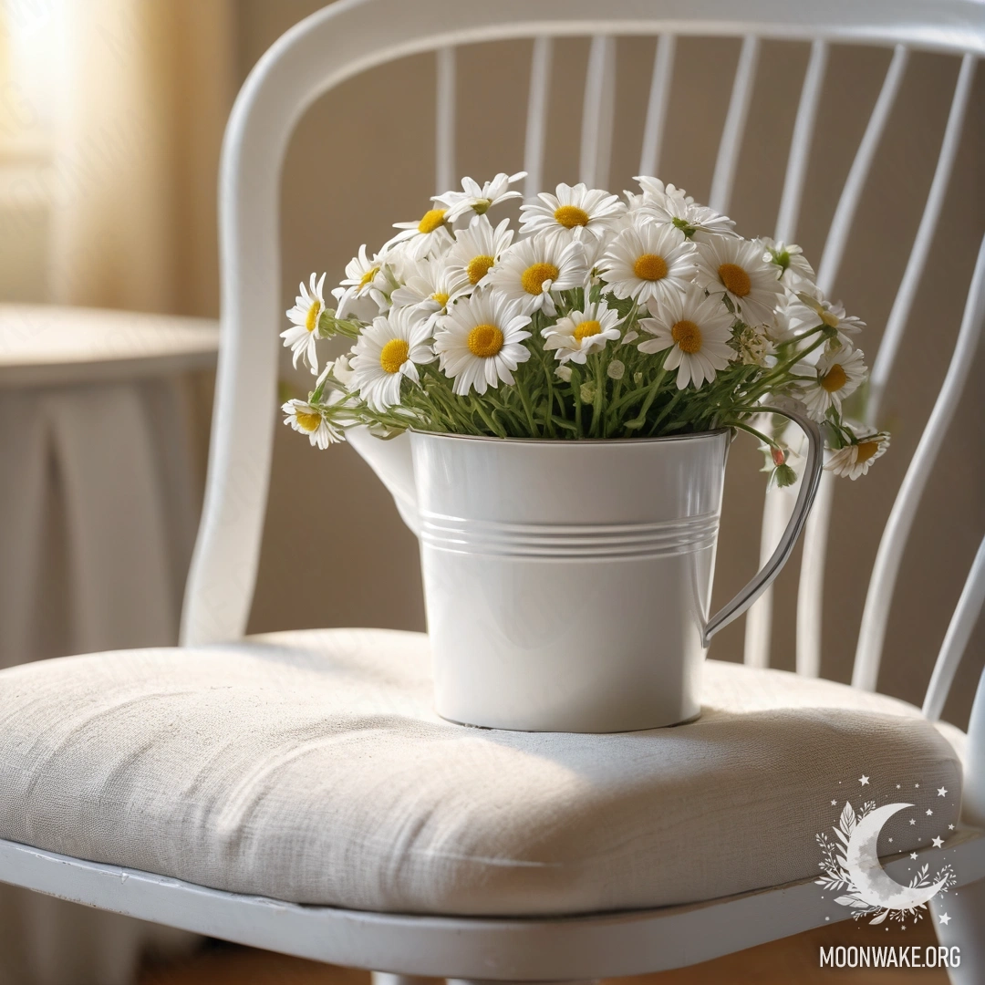 Крупный план обветренного винтажного стула, украшенного белой полупрозрачной тканью, чашкой кофе и молочным ведром с ромашками, освещенными солнечными лучами.