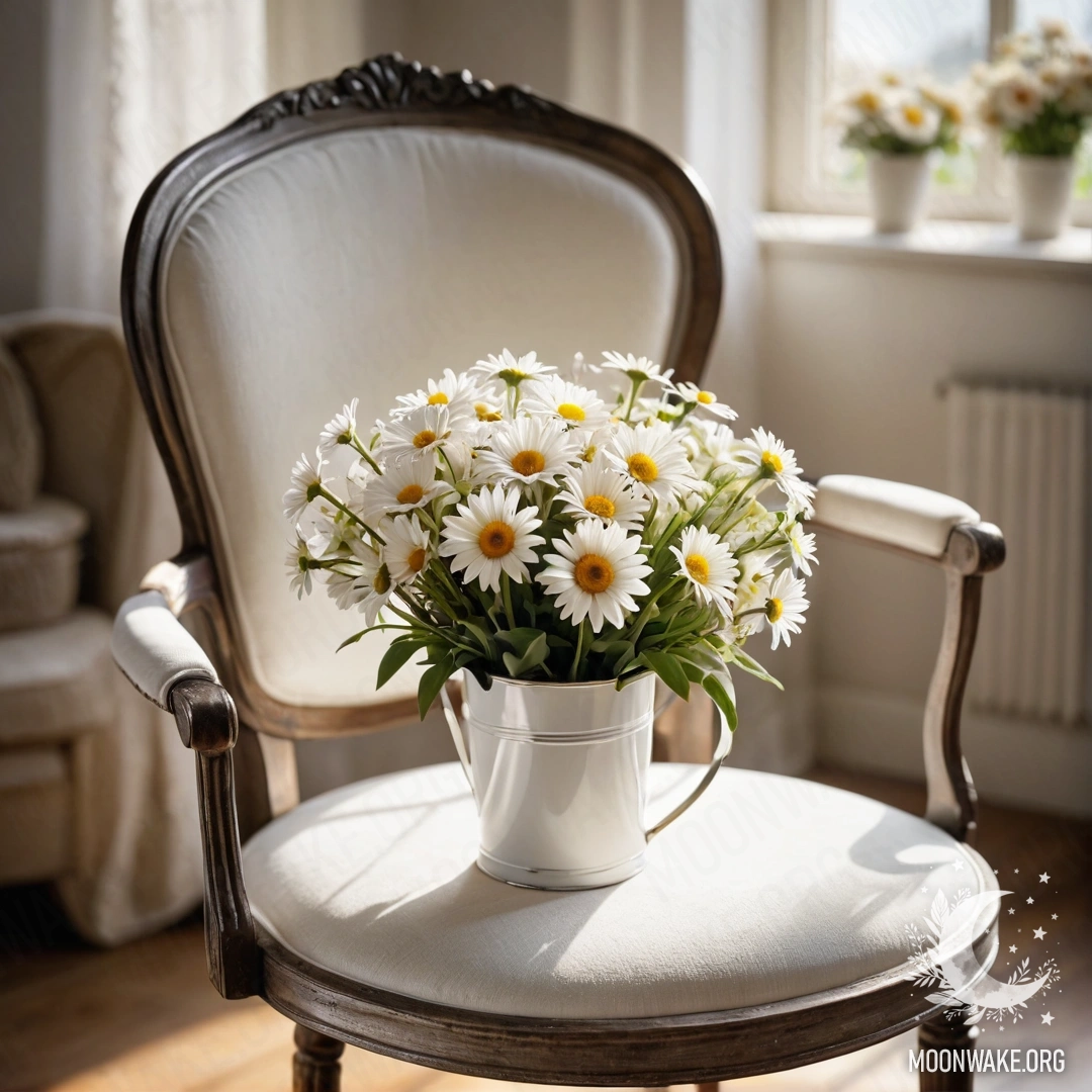 Крупным планом винтажное shabby-кресло с полупрозрачной тканью, чашкой кофе рядом с белым ведром, наполненным ромашками.