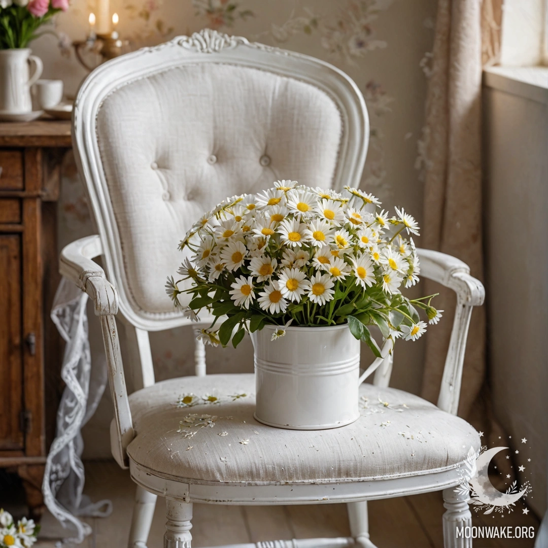 Крупный план винтажного стула с белой тканью, чашкой кофе и молочным ведром с ромашками.