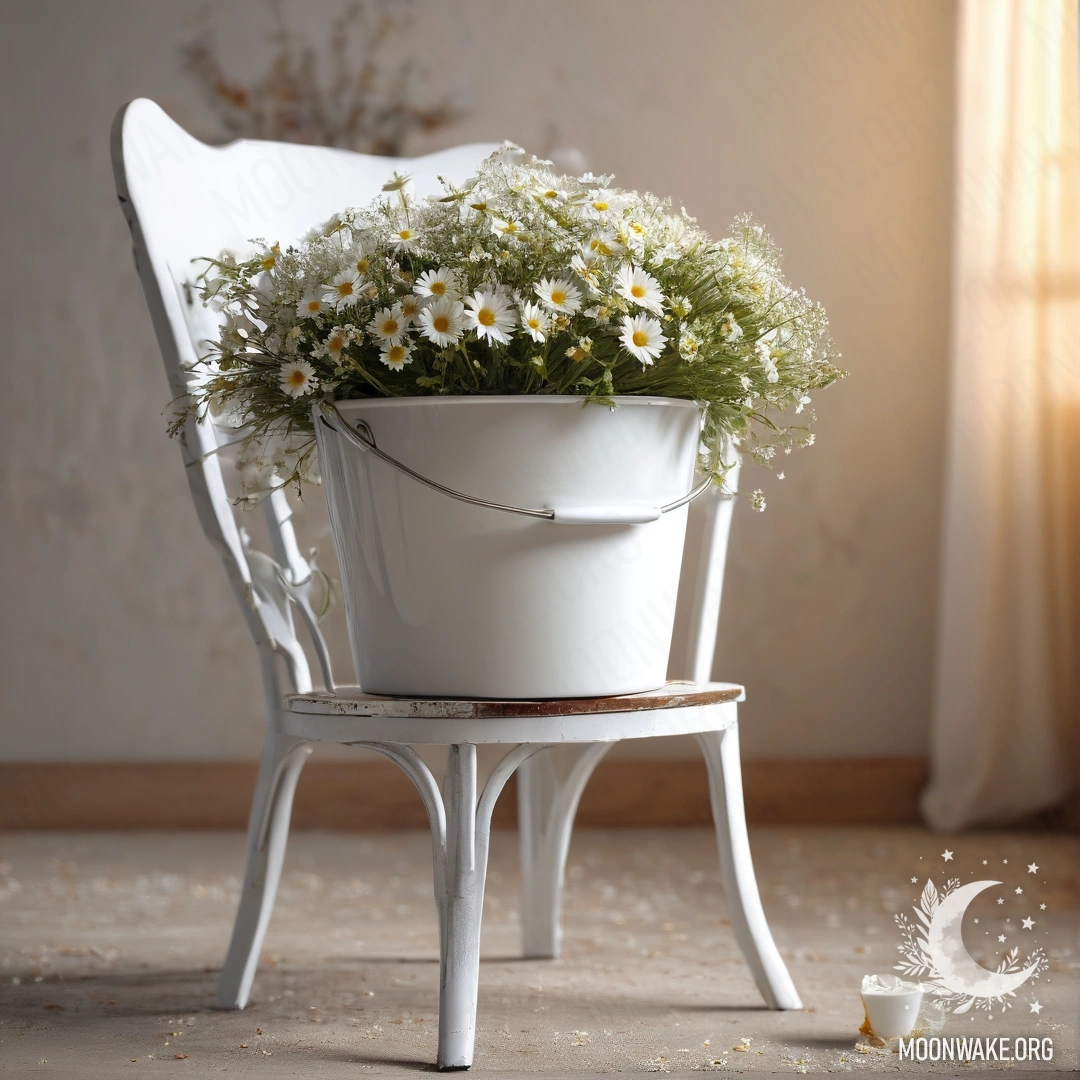 Крупный план абстрактного потертого винтажного стула с белой тканью, чашка кофе на нем, рядом с белым молочным ведром, полным ромашек и гирлянды огоньков.
