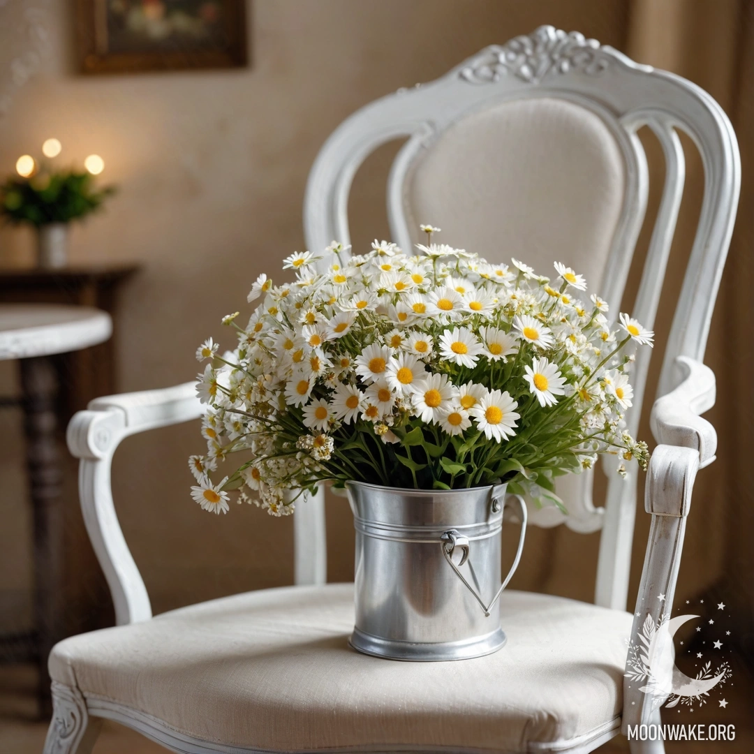 Крупный план винтажного стульчика, украшенного белой тканью, с чашкой кофе и белым ведром для молока, наполненным ромашками и гирляндой огней.