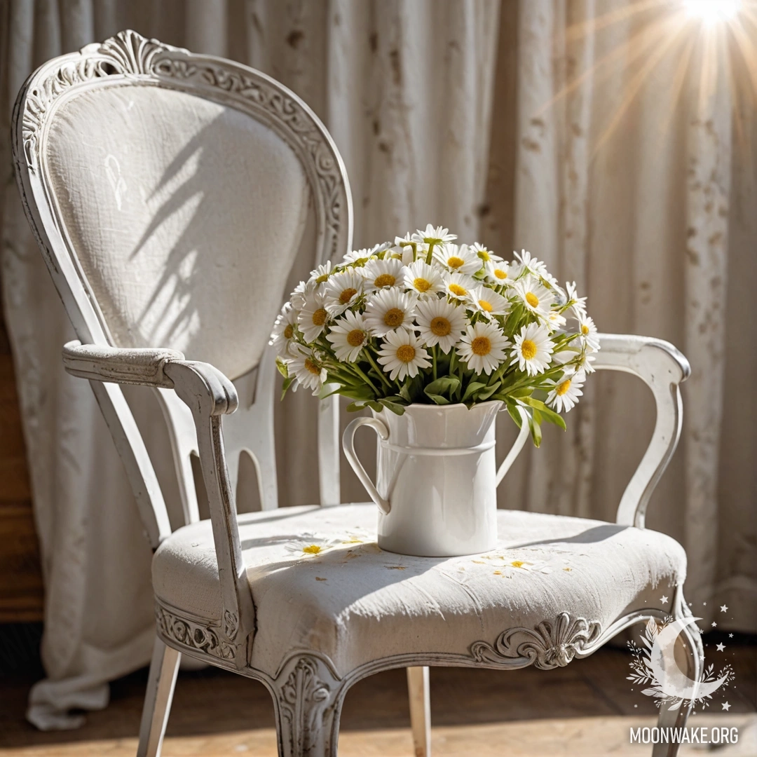 Крупный план старинного стула с белой тканью, чашкой кофе и ромашками в ведре на фоне солнечных лучей.