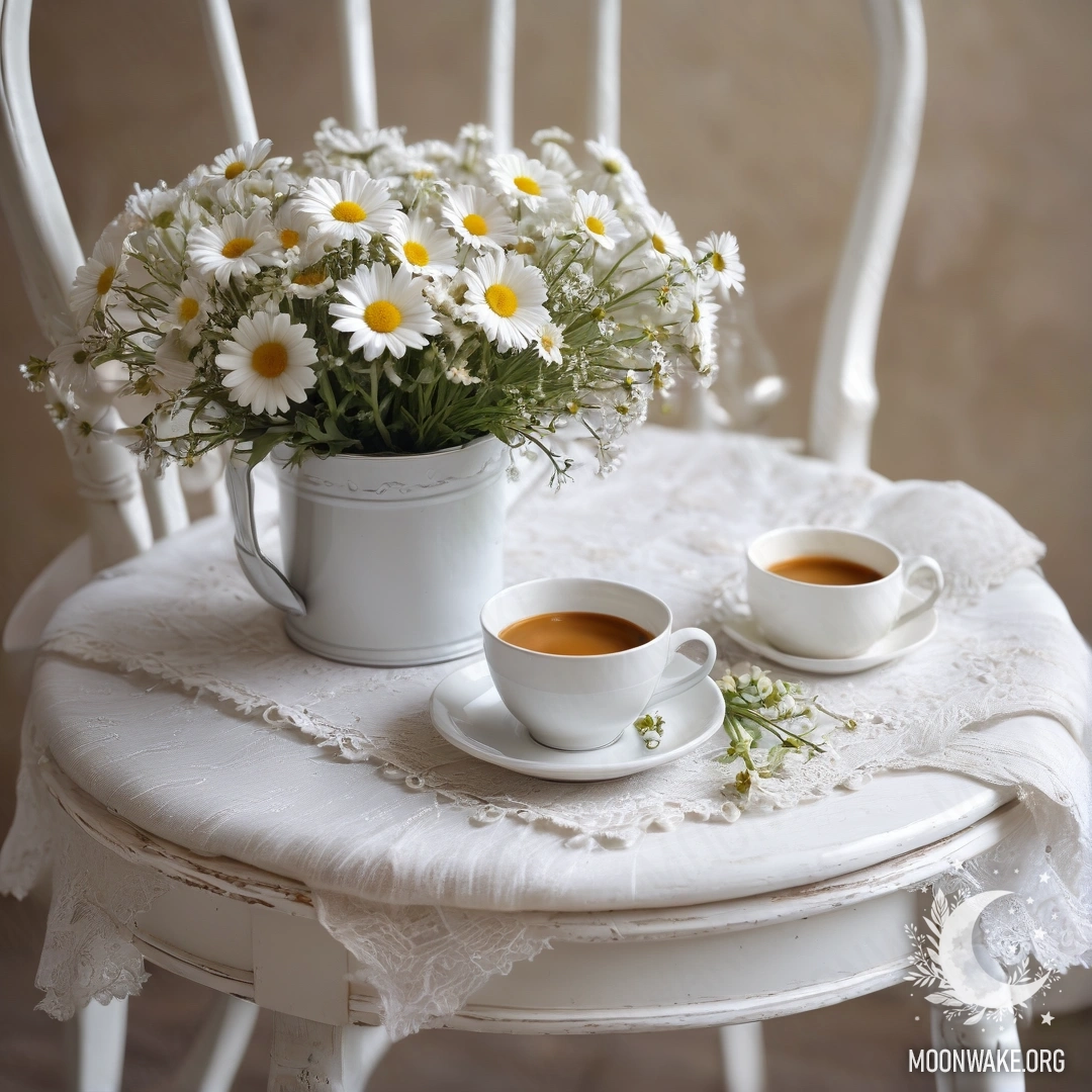 Крупный план винтажного стула, покрытого полупрозрачной белой тканью, рядом с чашкой кофе и белым молочным ведром с ромашками.