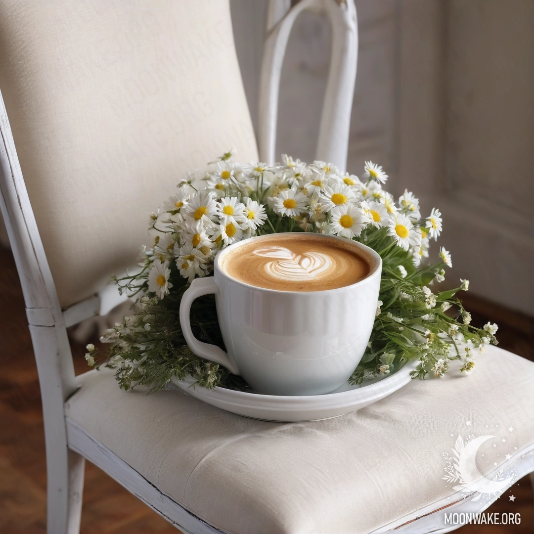 Крупный план винтажного стула, накрытого белой тканью, с чашкой кофе и молочным ведром, наполненным ромашками и украшенным гирляндой света.