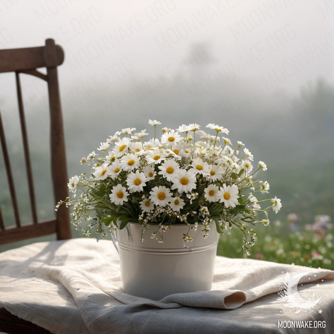 Крупный план винтажного кресла, покрытого белой прозрачной тканью, с чашкой кофе и ведром молока, заполненным ромашками, в густом тумане.