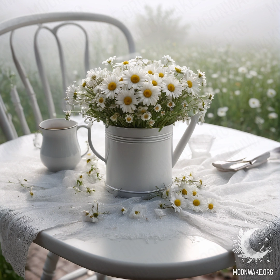 Винтажный shabby-стул, накрытый белой полупрозрачной тканью, на нем стоит чашка кофе, рядом - металлическое ведро с ромашками, окутанные густым туманом.