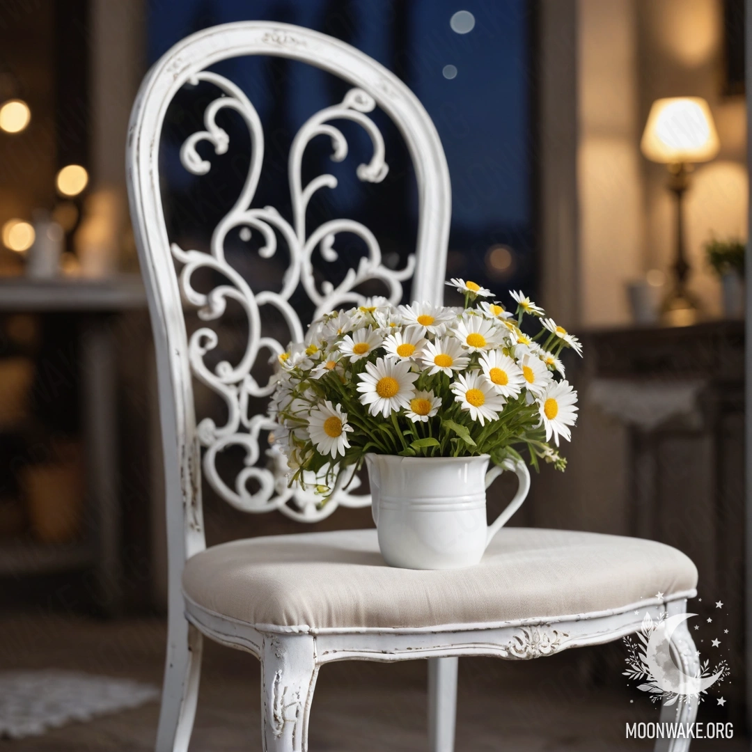 Крупный план винтажного стула с потёртой обивкой и полупрозрачной тканью, чашка кофе и ведро с ромашками ночью.