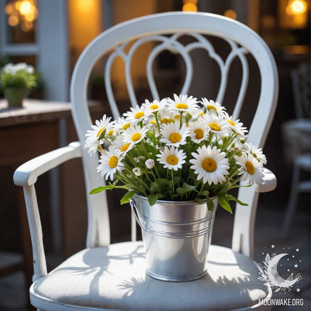 Крупный план старинного винтажного стула с белой тканью, рядом чашка кофе и ведро для молока с ромашками, снято в ночное время.