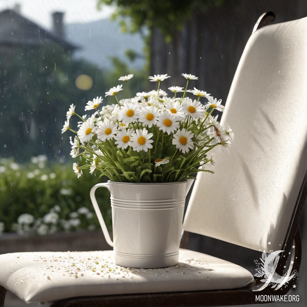 Крупный план винтажного стула с полупрозрачной тканью, чашкой кофе и молочным ведром с ромашками, на фоне дождя.