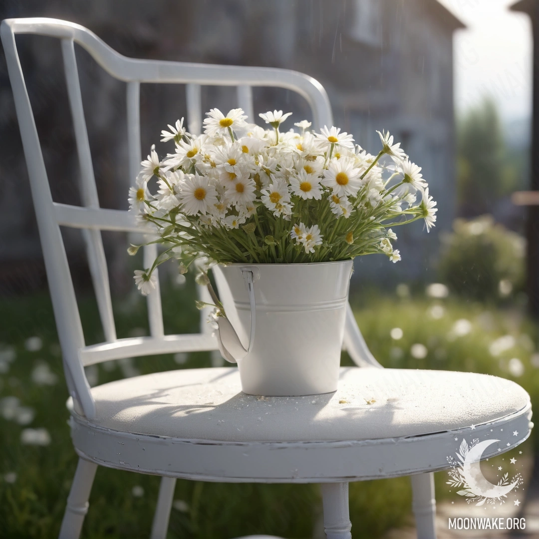 Крупный план винтажного стула с изношенной обивкой, на котором находится белая ткань, чашка кофе и ведерко с ромашками под дождем.