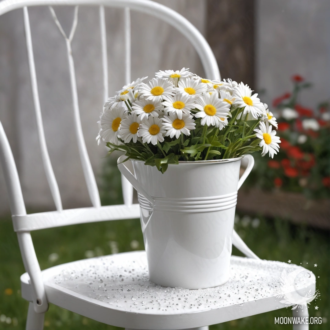 Крупный план ветхого винтажного стула с прозрачной тканью, чашкой кофе и ведром с ромашками под нежным дождём.