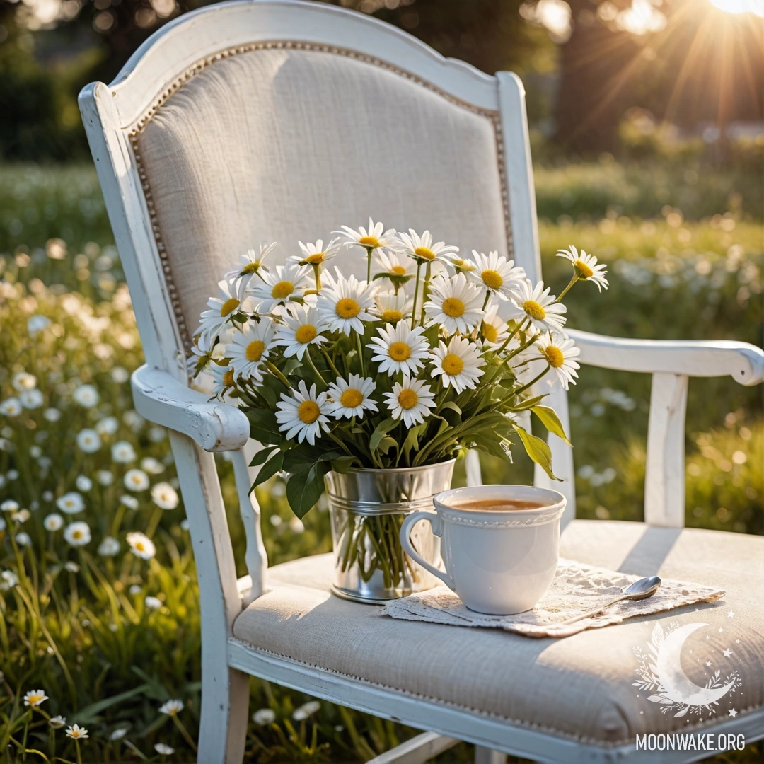 Крупный план винтажного стула с белой тканью и чашкой кофе рядом с ведром ромашек на закате.