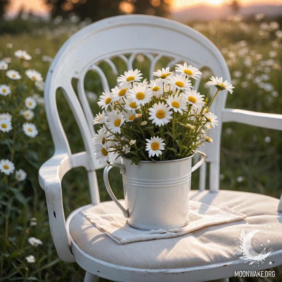 Крупный план винтажного кресла с белой тканью, чашкой кофе и белым молочным ведром с ромашками на фоне заката.