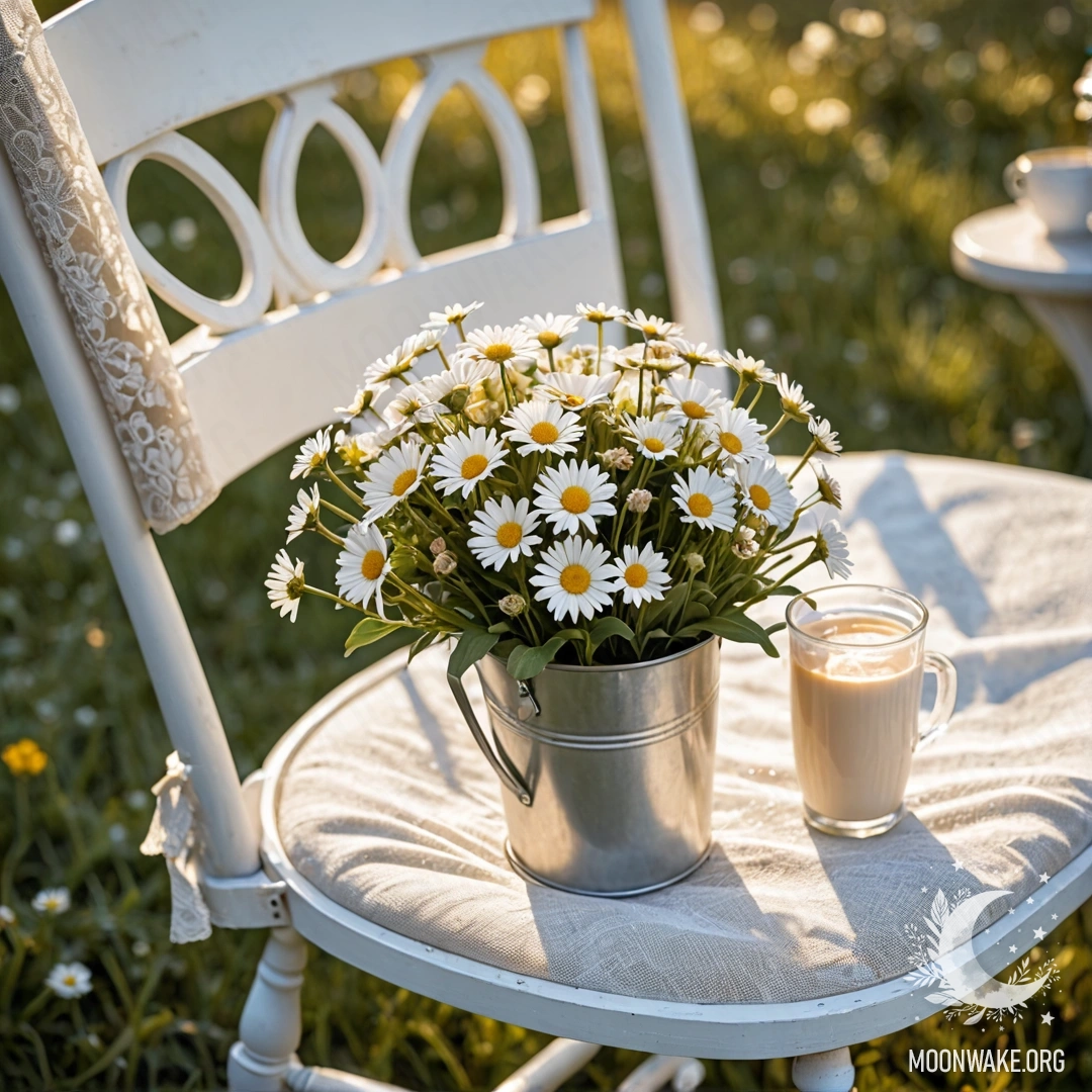Крупный план винтажного стула, украшенного белой тканью, чашкой кофе и молочным ведром, наполненным ромашками, на фоне заката.
