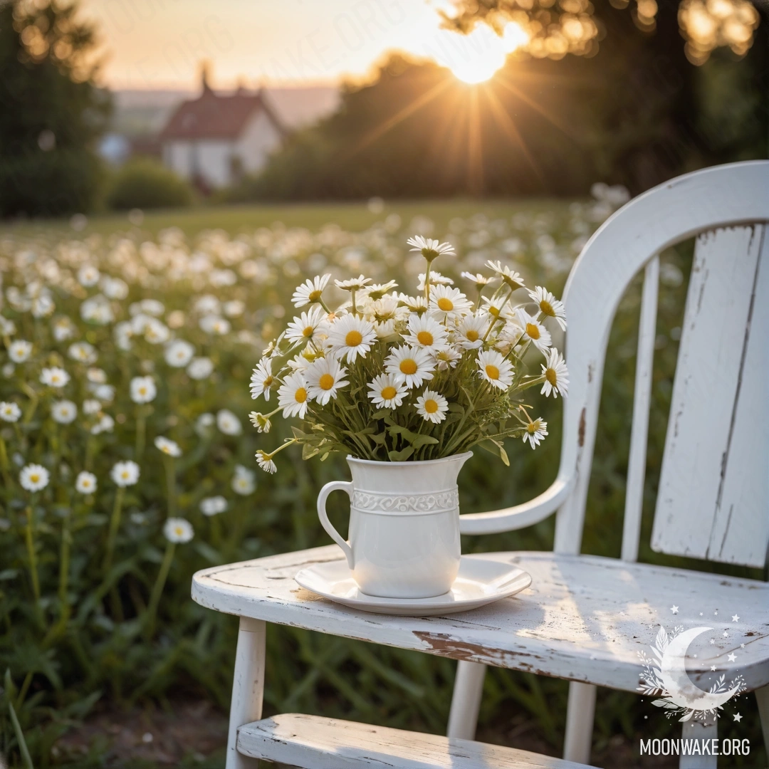 Крупный план винтажного стула в стиле шебби, на котором лежит полупрозрачная ткань, стоит чашка кофе и белое молочное ведерко с букетом ромашек на фоне заката.