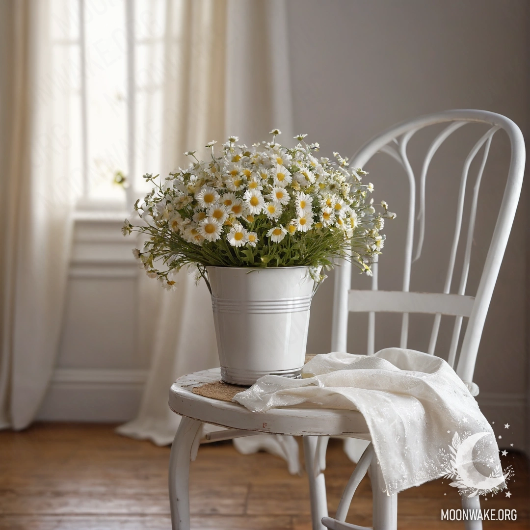 Крупный план винтажного shabby стула с белой тканью, чашкой кофе и молочным ведром с ромашками, освещённый гирляндой света.