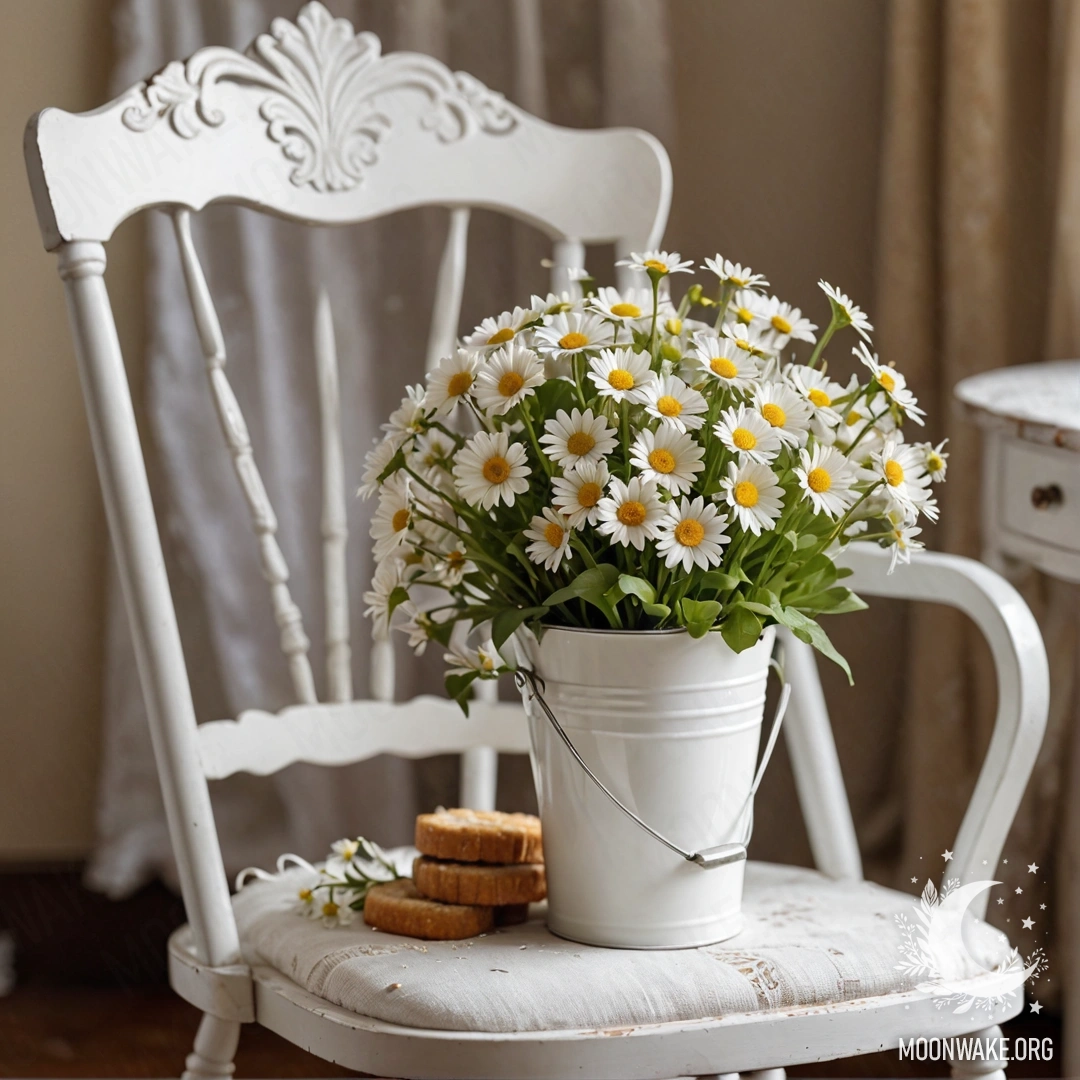 Крупный план винтажного стула с белой тканью, чашкой кофе и букетом ромашек.