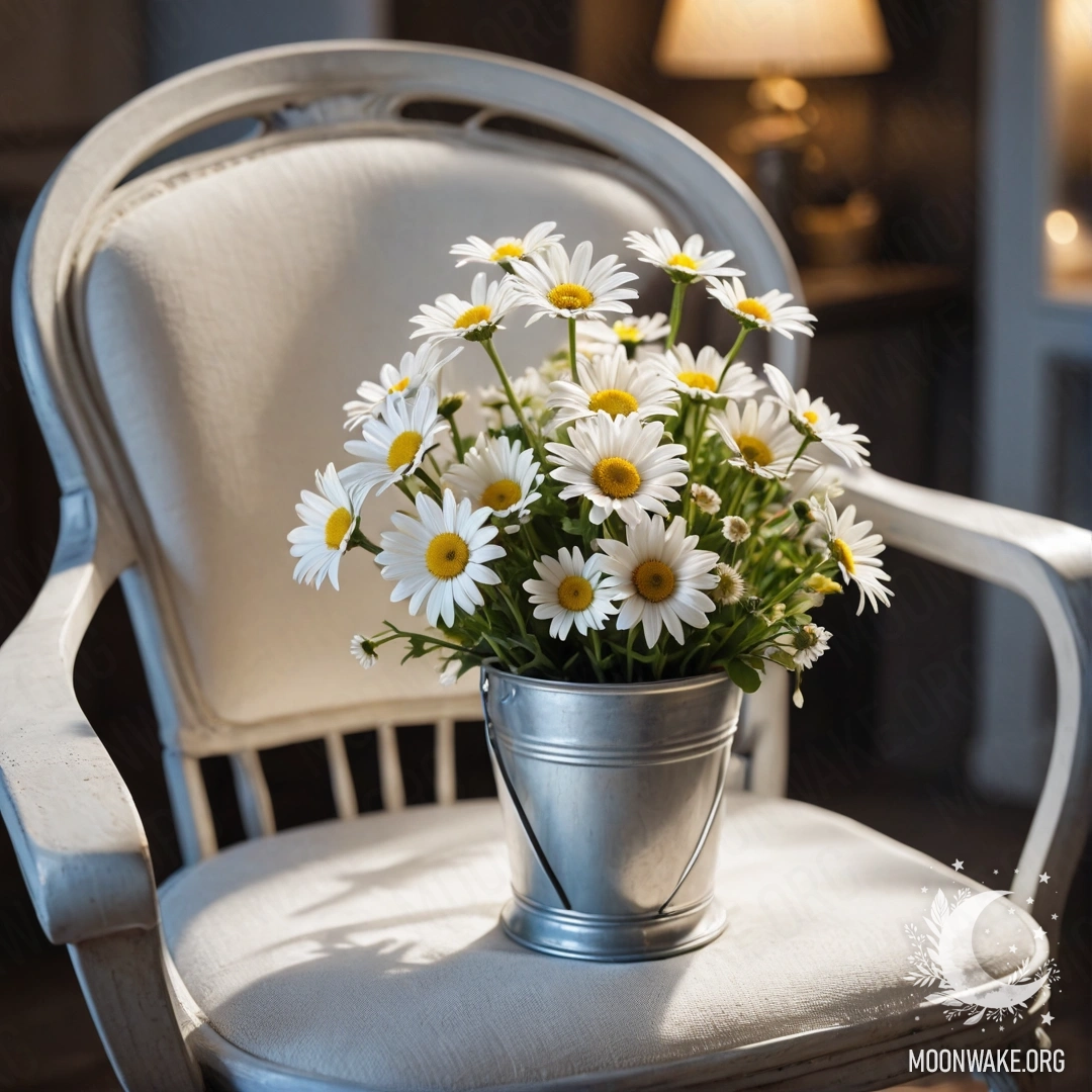 Крупным планом абстрактный винтажный стул с полупрозрачной тканью, чашка кофе и ведро с ромашками ночью.