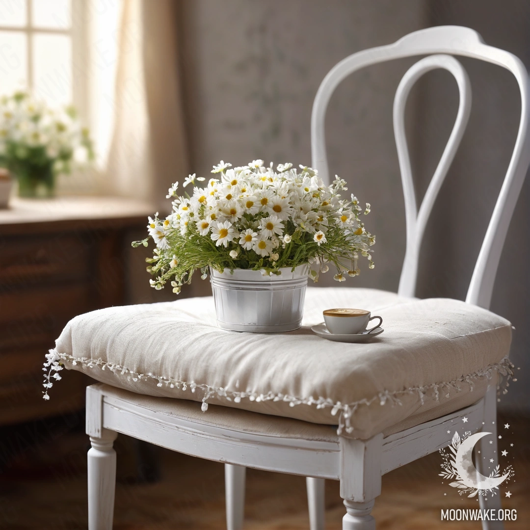 Крупный план очаровательного винтажного стула с белой тканью, чашкой кофе и ведром с маргаритками, мягко освещённый гирляндой огней.