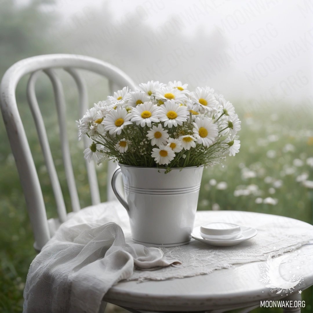 Крупный план винтажного стула с износом, белой тканью, чашкой кофе и ведром с ромашками, окутанными плотным туманом.