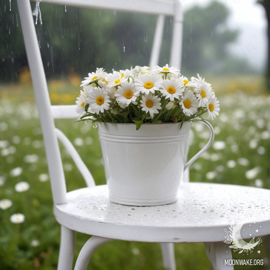 Крупный план винтажного скомканного стула с белой тканью, чашкой кофе и молочным ведром с ромашками под дождем.