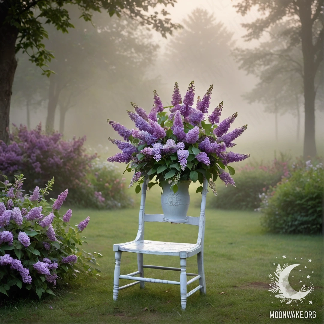 Винтажное потертое кресло в саду, на котором стоит ваза с сиренью в густом тумане.